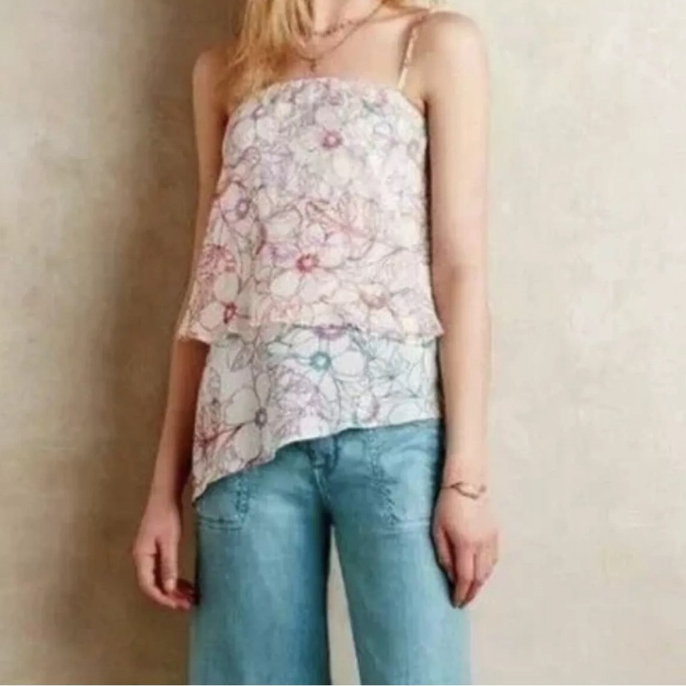 Anthropologie Maeve Silk Tank Tiered Cami Floral Cottage Core Size L